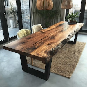 Rustic Live Edge Walnut Dining Table – Solid Wood Handmade Kitchen Table – Custom Farmhouse Table – Natural Wood Dining Room Table