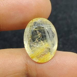 以下が含まれることがあります： 金色の針状のインクルージョンが入った、透明な楕円形の宝石。 宝石は2本の指の間に挟まれ、研磨された表面と内部の模様が際立っています。 石は半透明で黄色がかった色合いをしています。