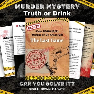 Puede incluir: Una descarga digital en PDF titulada "Murder Mystery: Truth or Drink". La imagen presenta un archivo de caso central titulado "The Last Game", con una ilustración de una pieza de ajedrez. Los archivos circundantes incluyen cronogramas y evidencia, con cinta de escena del crimen.