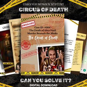 Puede incluir: Descarga digital para un juego de misterio de asesinato titulado "Circus of Death". La imagen presenta archivos de casos, cinta de escena del crimen y una imagen de payaso. El texto incluye "¿Puedes resolverlo?"