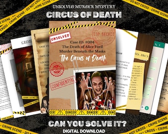 May include: A digital download for an unsolved murder mystery game titled "Circus of Death." The image features case files, crime scene tape, and a disturbing image of a clown. Text includes "Can You Solve It?"