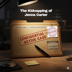Op de afbeelding: Een dossier met het label "Vertrouwelijke actieve zaak" met de tekst "De ontvoering van Jenna Carter". Een "Top Secret" stempel is zichtbaar. Een pen, een badge en andere items liggen op het houten bureau.