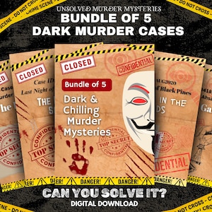 May include: A bundle of five dark murder mystery cases, with the text "Unsolved Murder Mysteries" and "Bundle of 5 Dark Murder Cases". The covers feature a closed stamp, a handprint, and a Guy Fawkes mask. The text "Can You Solve It?" is also visible.