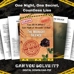 May include: A digital download-PDF featuring a crime scene investigation theme. The central image is a file labeled "The Midnight Silence" with a rose and the words "Top Secret." Surrounding documents and crime scene tape complete the design.
