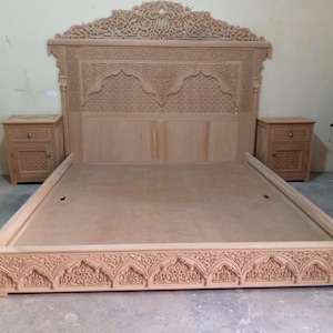 Estructura de cama marroquí tallada a mano - Cama bohemia tamaño king con plataforma - Muebles de dormitorio personalizados con arco morisco - Cama marroquí de madera de lujo hecha a mano