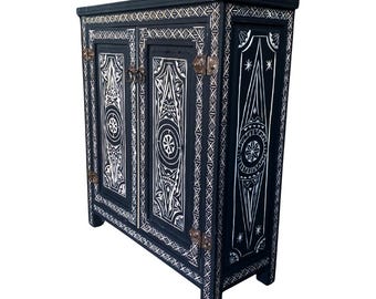Hand-Carved Moroccan Berber Sideboard | Black Solid Wood Credenza Buffet Cabinet | Narrow 35cm Depth | Custom Sizes