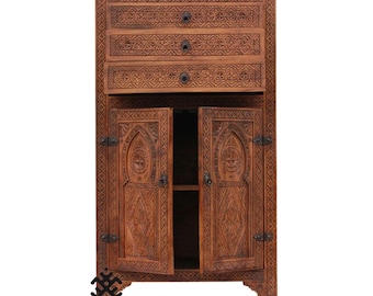 Hand-Carved Moroccan Dresser Cabinet, Solid Wood, 3 Drawers 2 Doors, 95cm Wide, Custom Height, Boho Berber Storage