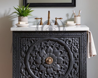 Handmade Cedar Wood Vanity Cabinet – Matte Black Finish with Brass Legs & Floral Carved Design | Custom Dismantable Moroccan Vanity Table
