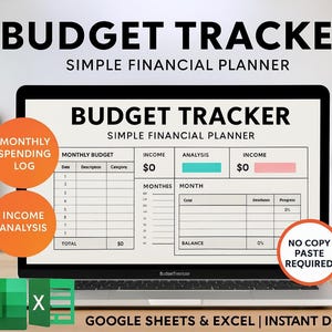 Könnte beinhalten: Ein Laptop zeigt eine "Budget Tracker" Vorlage mit Abschnitten für monatliche Ausgaben, Einkommensanalyse und einen einfachen Finanzplaner. Das Bild enthält orange Kreise mit Text, Excel- und Google Sheets-Symbole und eine rosa Tasse.