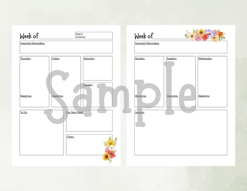 Printable Weekly Teacher Planner PDF | 2-page Floral Lesson &amp; Meeting Organizer | Instant ...