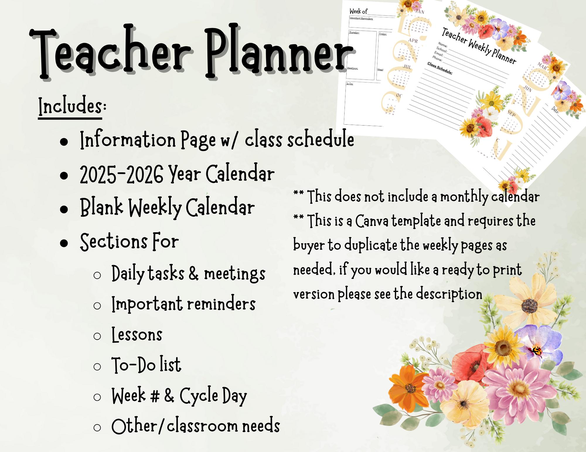 Editable Weekly Teacher Planner | Floral Classroom Organizer ...