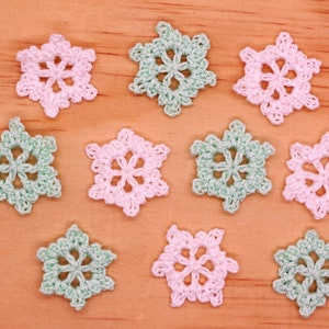 Crochet Small Tiny Snowflake 1 inch Snowflakes Applique White and Mint Mix