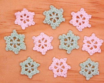 Crochet Small Tiny Snowflake 1 inch Snowflakes Applique Embellishment White Mint 10 Pcs