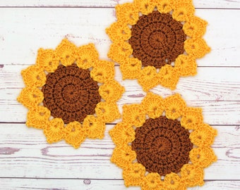 Crochet Drink Coaster Cotton Sunflower ONE Coaster  3.5 inch