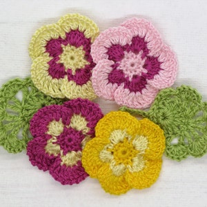 Crochet Applique 6 Pcs Flower Flowers leaves Yellow Pink green Scrapbook