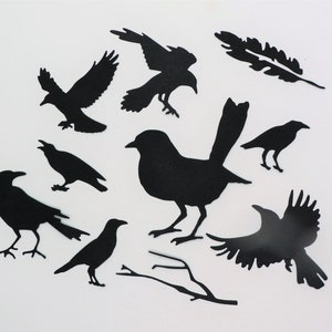May include: Black paper cutouts of crows and a feather. The crows are in various poses, some with their wings spread, some with their wings folded. The feather is a single, long feather.