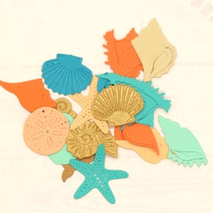 May include: A collection of die-cut paper shapes featuring various seashells, starfish, and a sand dollar. The assortment includes pieces in shades of teal, orange, gold, and light beige, showcasing detailed textures and embossed patterns.
