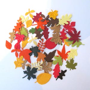 May include: A collection of small, flat, die-cut paper leaves in various shapes and autumn colors, including red, orange, yellow, brown, and green. The assortment features maple, oak, and other foliage silhouettes scattered across a white surface.