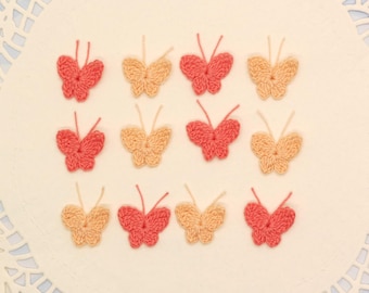 Mariposas de ganchillo, pequeñas mariposas, apliques de adorno, 12 piezas, color melocotón, coral, manualidades, scrapbooking