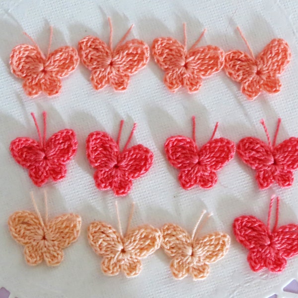 Crochet Butterfly Butterflies Small Applique Embellishment 12 pcs Peach Coral Crafts Scrapbooking