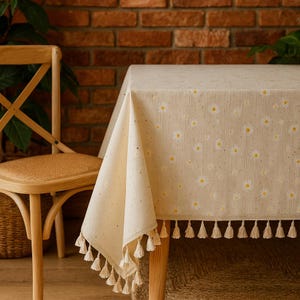 Floral Embroidered Cotton-Linen Tablecloth: Cottagecore Daisy or Leaf Design