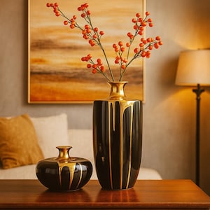 Luxury Black and Gold Ceramic Vase Set – Modern Home Decor for Living Room or Entryway