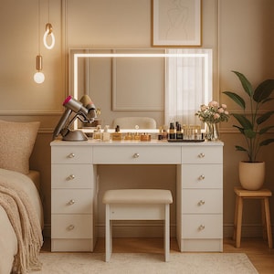 Modern White Vanity Table with LED Mirror, 9 Drawers, Stool & USB Power Outlet