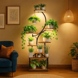 Modern Indoor Plant Stand with 8-Tier Shelves – Metal & Wood Display Rack for Living Room, Balcony or Office Decor