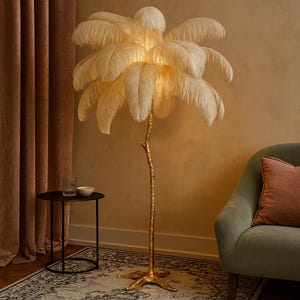 Luxury Feather Floor Lamp – Modern Palm Tree Light with Gold Base – Elegant Ostrich Feather Lampshade for Living Room & Bedroom