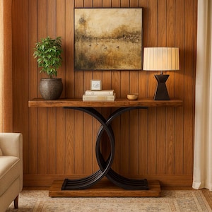 Rustic Wood & Black Metal Console Table - Modern Entryway Furniture