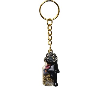 May include: A gold-coloured keyring with a small glass bottle pendant. The bottle contains dried flowers and small stones. A black paw print charm tops the bottle, with black liquid dripping down the side. The keyring is on a white background.