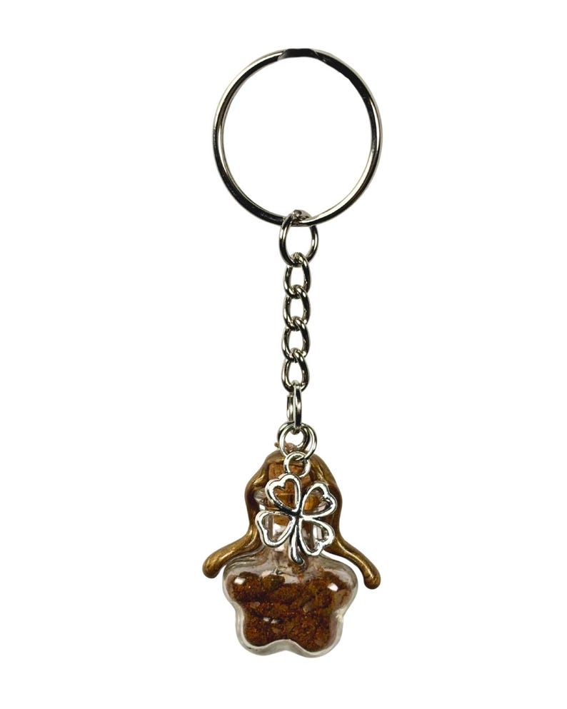 May include: A keychain with a silver ring and chain. The charm is a clear, star-shaped container filled with brown material, topped with a brown and silver clover design. The charm is approximately 1.5 inches in length.