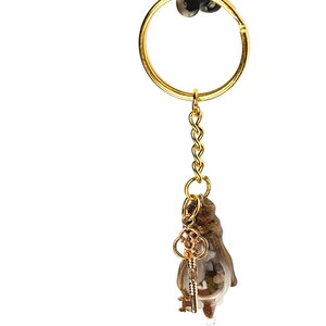 May include: A gold-colored keychain with a small, clear, teardrop-shaped charm containing natural elements. A small, gold-colored key charm hangs from the teardrop. The keychain has a gold ring and chain.