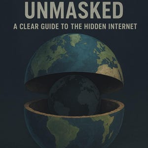 Puede incluir: Portada de libro con el título "DARK WEB UNMASKED" en letras grandes de color gris claro. Debajo, el texto dice "A CLEAR GUIDE TO THE HIDDEN INTERNET". La imagen presenta un globo terráqueo abierto, revelando un globo más pequeño en su interior, sobre un fondo azul oscuro.