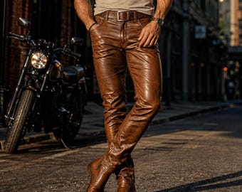 Pantaloni da uomo in pelle marrone, vestibilità slim, in vera pelle, vita alta, lucidi, stile biker.