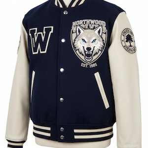 May include: Navy blue and cream varsity jacket with the text "NORTHWOOD WOLVES" and a wolf graphic. The jacket features a large "W" patch and "ATHLETIC DEPT" patch. The jacket has a button-up front and striped trim at the cuffs and waist.