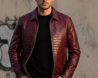 Chaqueta motera de piel con efecto cocodrilo burdeos - Ajuste personalizado