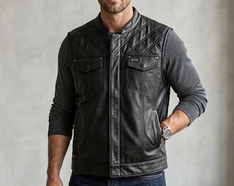 Kamizelka motocyklowa z prawdziwej skóry, najwyższej jakości, z krowiej skóry, z pikowanymi ramionami, zapięciem na zamek błyskawiczny i zatrzaski, w stylu Outlaw