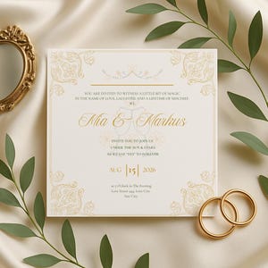 May include: A wedding invitation with gold accents, featuring the names "Mia & Markus" and the date August 15, 2026. The invitation is surrounded by gold rings, a gold mirror, and green leaves, set against a cream-colored background.