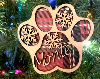 Personalized Laser engraved dog paw ornament.