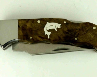 Elk Ridge Lockback knife with Custom sterling silver jumping trout inlay