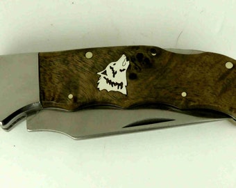 Elk Ridge Lockback knife with Custom sterling silver wolf head inlay