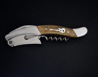 maple wood corkscrew wine opener with sterling silver guitar inlay