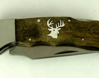 Elk Ridge Lockback knife with Custom sterling silver whitetail deer inlay