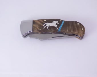Elk Ridge Lockback knife with Custom sterling silver horse inlay
