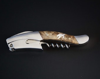 Maple wood corkscrew wine opener with sterling silver sea turtle inlay