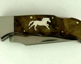 Elk Ridge Lockback knife with Custom sterling silver horse inlay