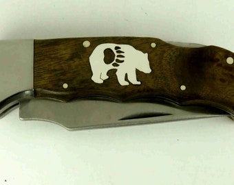 Elk Ridge Lockback knife with Custom sterling silver bear with paw inlay