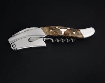 Maple wood corkscrew wine opener with sterling silver longhorn inlay