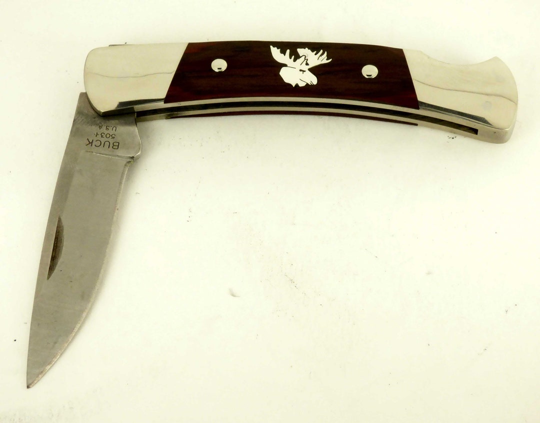 Buck Folding Knife With Sterling Silver Moose Head Inlay Etsy